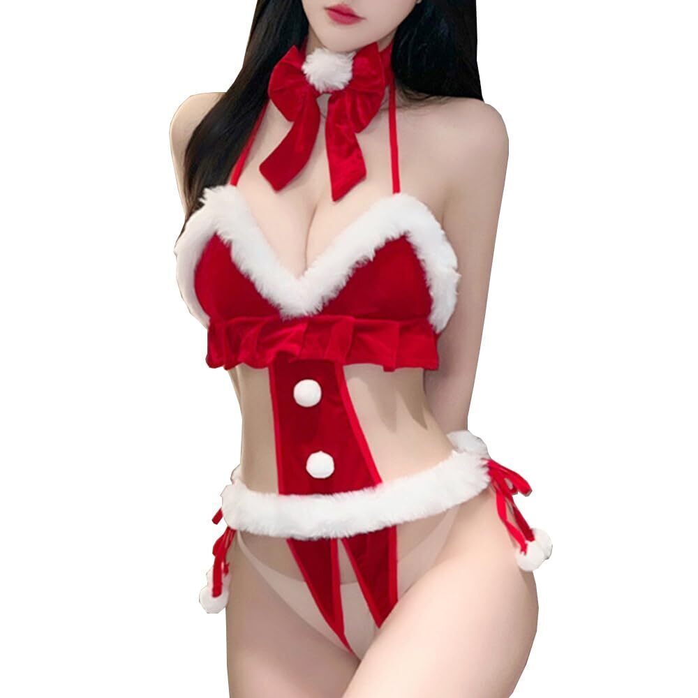 4151 Sexy Christmas Lingerie Bodysuit with Fuzzy Trim Mrs Claus Costume